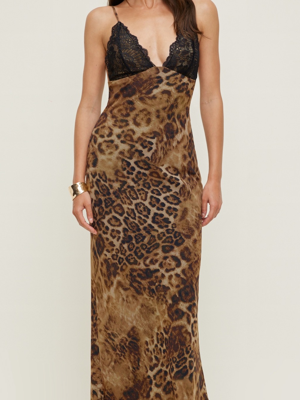 Dynamite Leopard Print Slip Maxi Dress with Black Lace Bodice